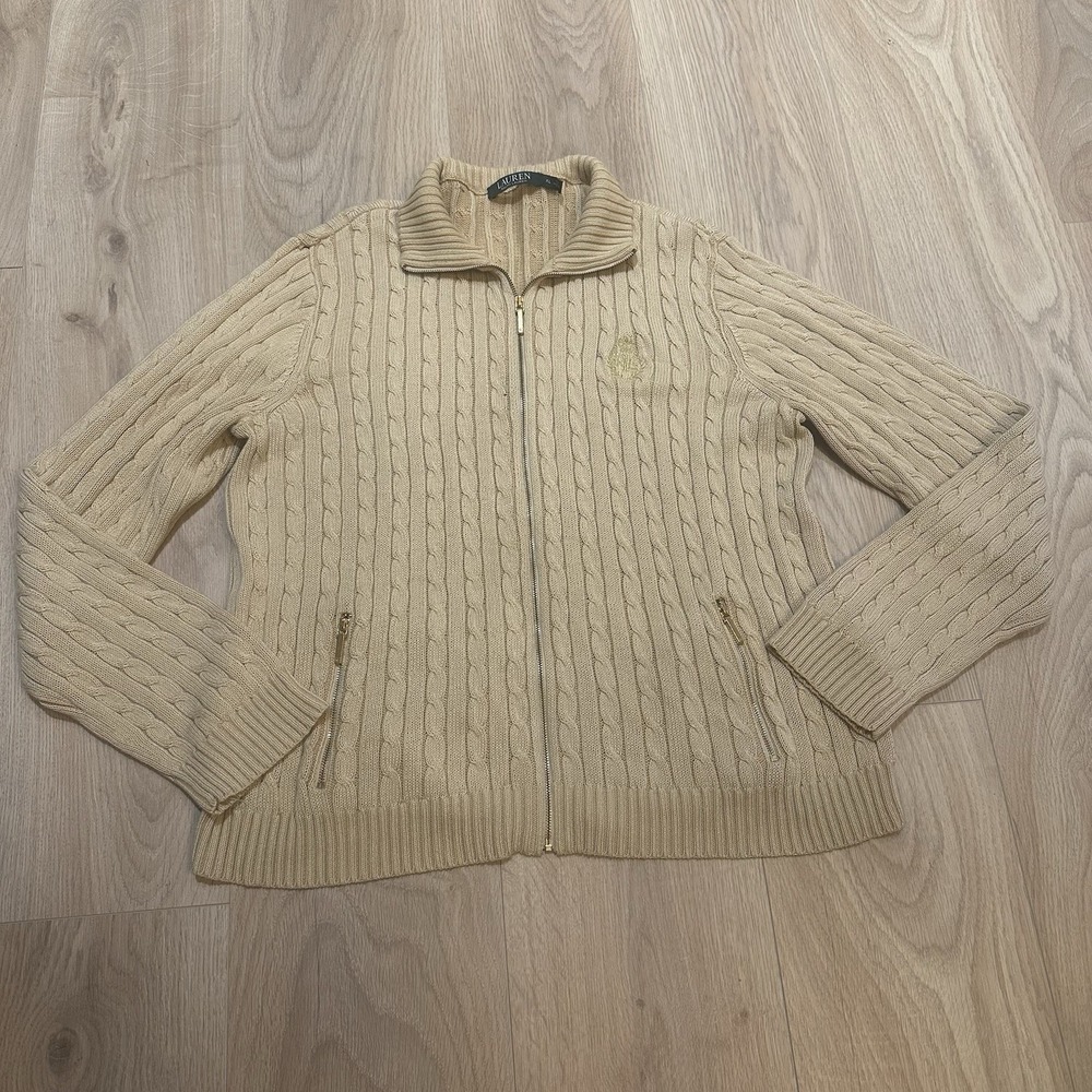 Lauren Ralph Lauren, Cable Knit Sweater Gold, Zip Pockets Sz XL Crest EUC Preppy